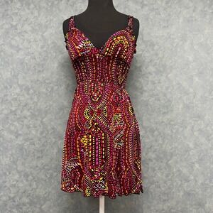 Lucy Love‎ Mini Dress Sleeveless Smocked V Neck Colorful Print XS